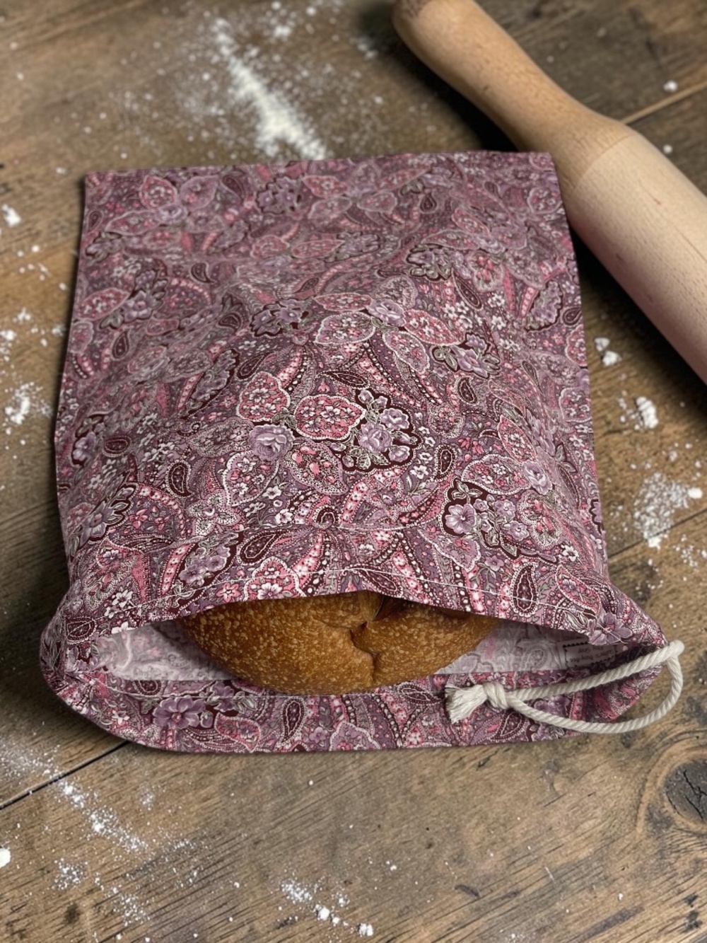 Mauve Paisley Cotton Bread Bag, Reusable Drawstring Bread Storage Bag